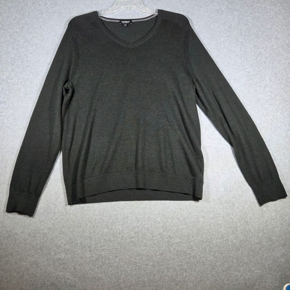 Express Merino Wool Blend Sweater Mens XL Green V-Neck Pullover Knit Ribbed